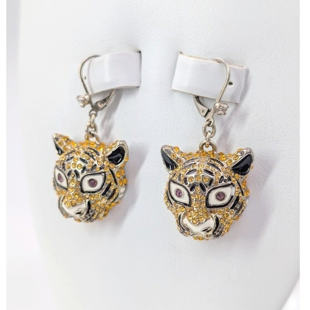 Rhinestone Tiger Head Earrings Yellow 80s Retro Maximalist Dangle