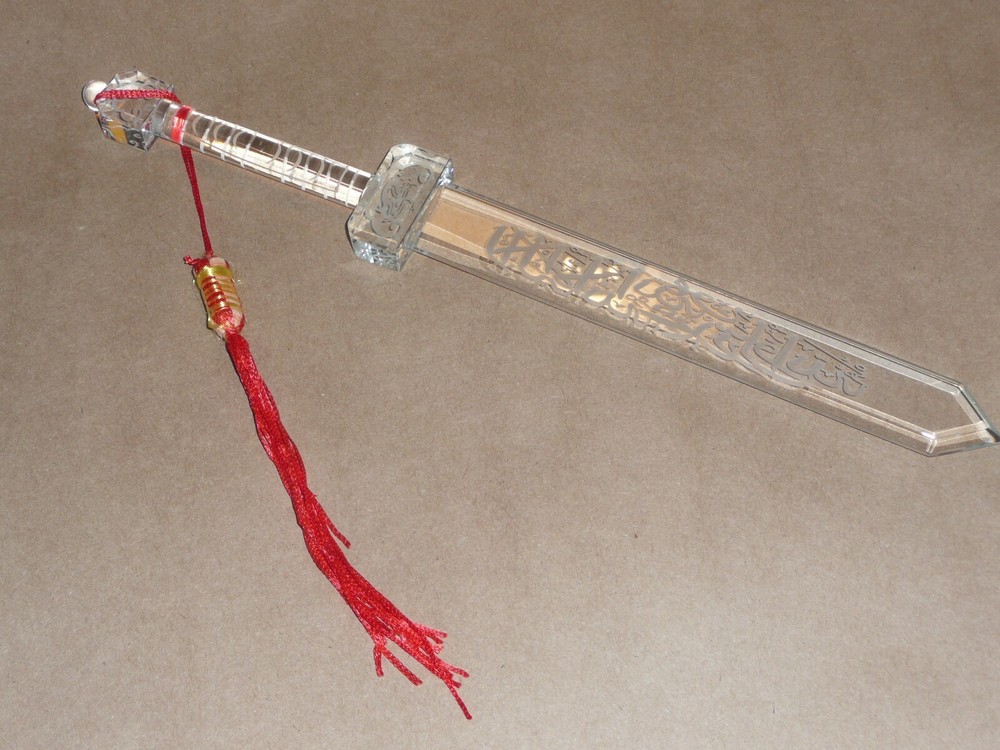 CRYSTAL DISPLAY DAGGER with stand Asian writing on blade