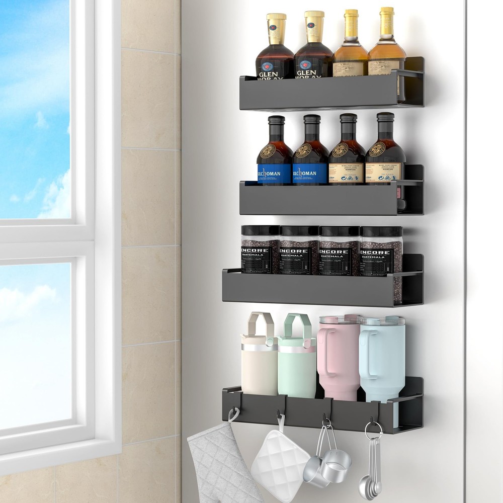 HuggieGems 4 Pack Magnetic Spice Rack Organizer for 4 Pack, Black