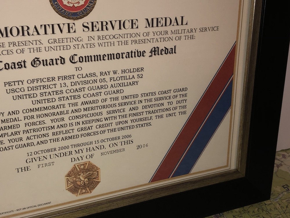 U.S. COAST GUARD COMMEMORATIVE MEDAL CERTIFICATE ~ Type 1