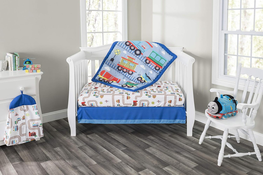 4 Piece Boys Crib Bedding Set - Choo Choo Train - Includes Quilt, Fitted Sheet,