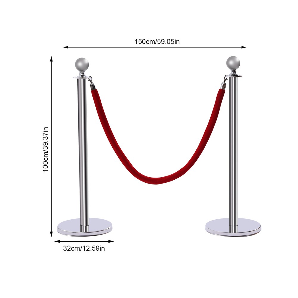 6PCS Stanchion Posts Queue Barrier Crowds Control Silver with Red Velvet Ropes
