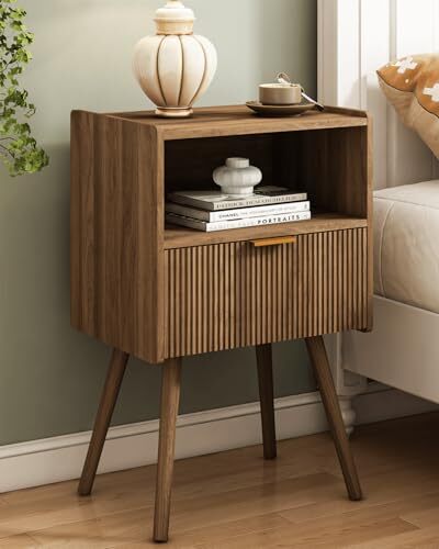 Nightstand,Modern Bedside Table with Storage Drawer and Open Wood Shelf, for
