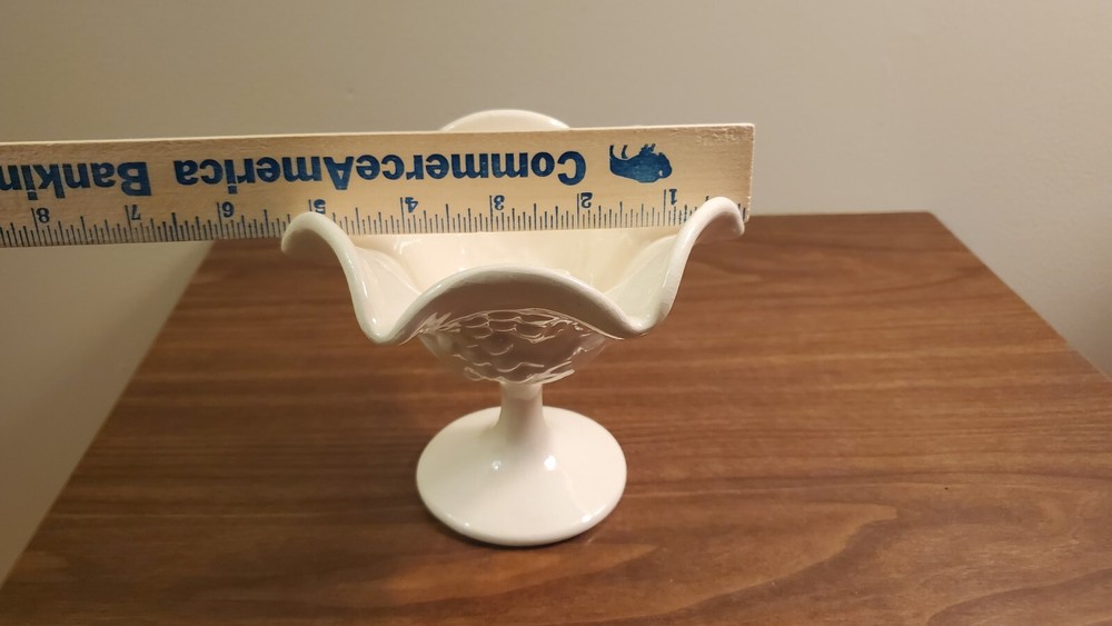 Grape Pattern Compote Ruffled Edge Footed Stemmed White Ceramic