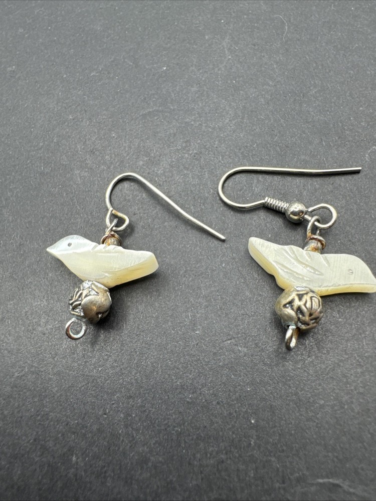 Native Inspired Dangle Drop MOP Bird 1” Earrings Silver Tone