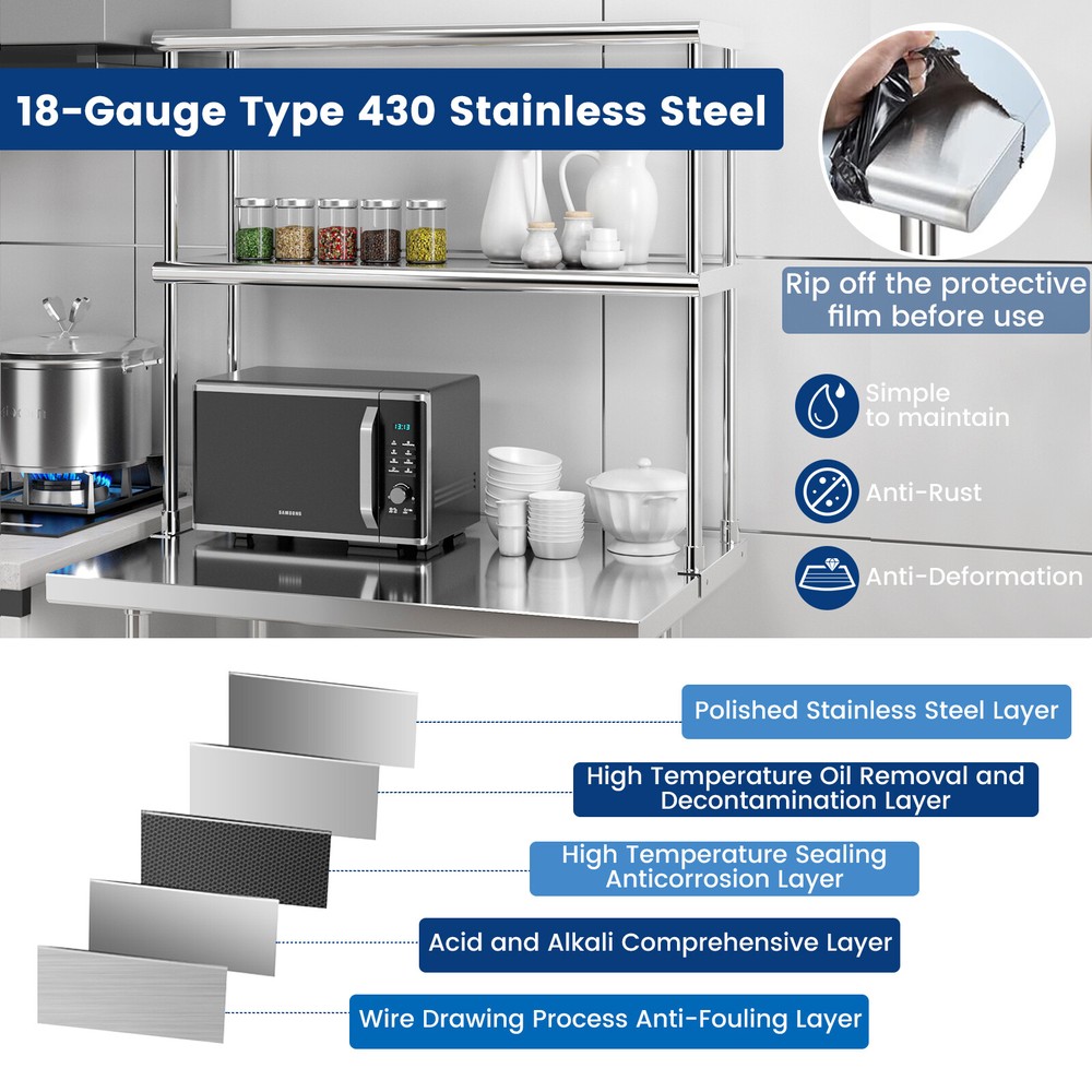 36" 2-Tier Overshelf for Prep & Worktable Stainless Steel Adjustable Lower Shelf