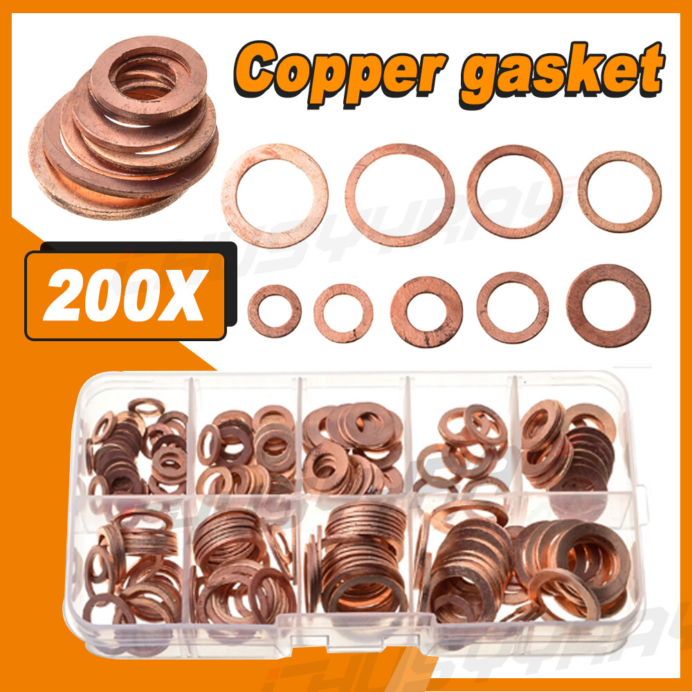 200x/Kit Solid Copper Crush Washers Gasket Set Flat O-Ring Seal Assortment