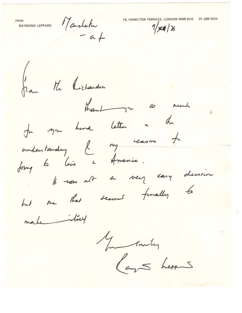 Raymond Leppard Signed Letter 1976 / Autographed Composer
