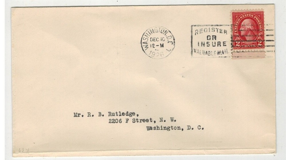 1926 OLD FIRST DAY ISSUE #634 2c RED GEORGE WASHINGTON RUTLEDGE FDC $50