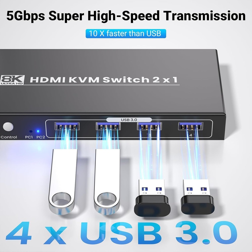 Durable HDMI KVM Switch for 2 Computers - 8K60Hz Resolution with USB 3.0