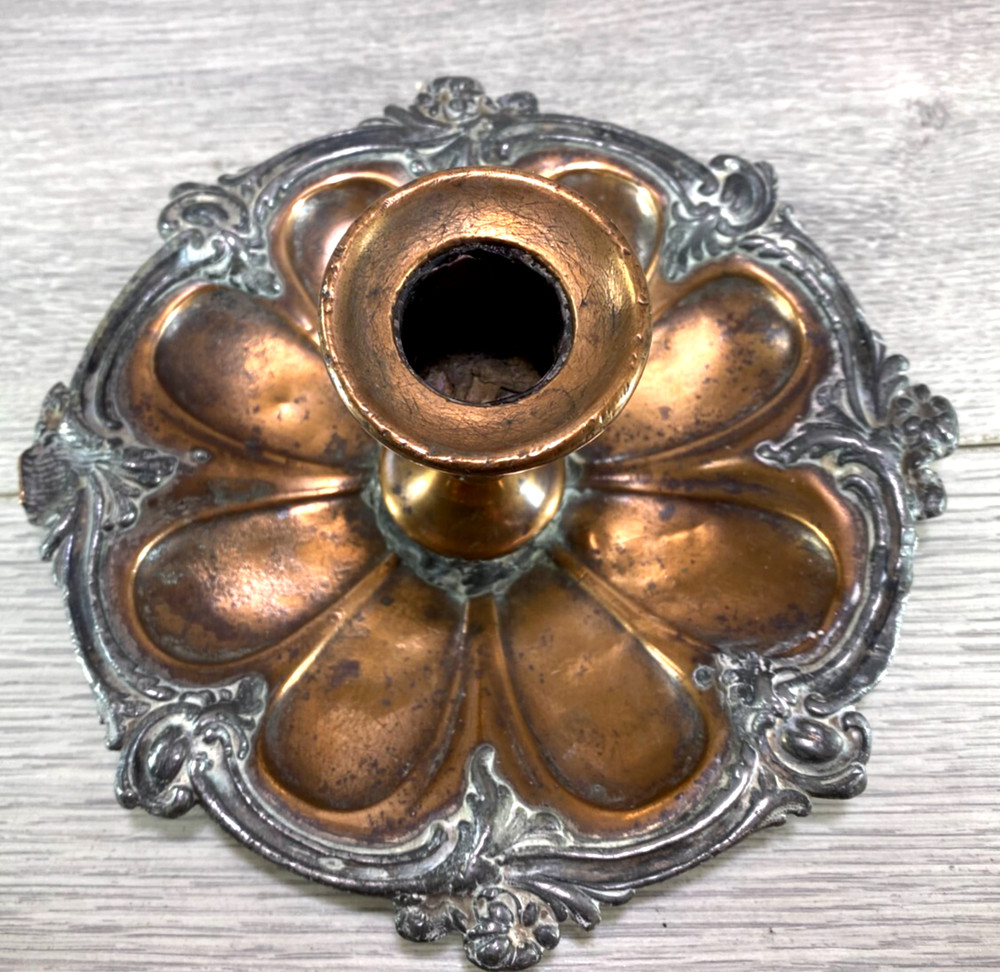Antique Rococo Style Silver-Plated Chamberstick Candlestick, Copper Base, 15cm