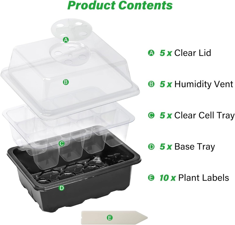 Complete Plant Starter Kit: 5 Seed Starter Trays with Drainage & Labels, Black