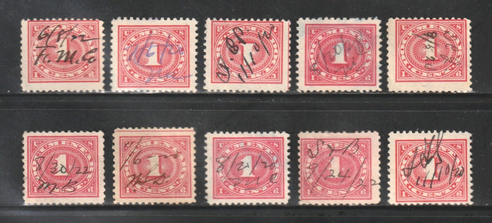 Scott # 228, Used, 1¢ Documentary, Manuscript Cancels, 10 Different