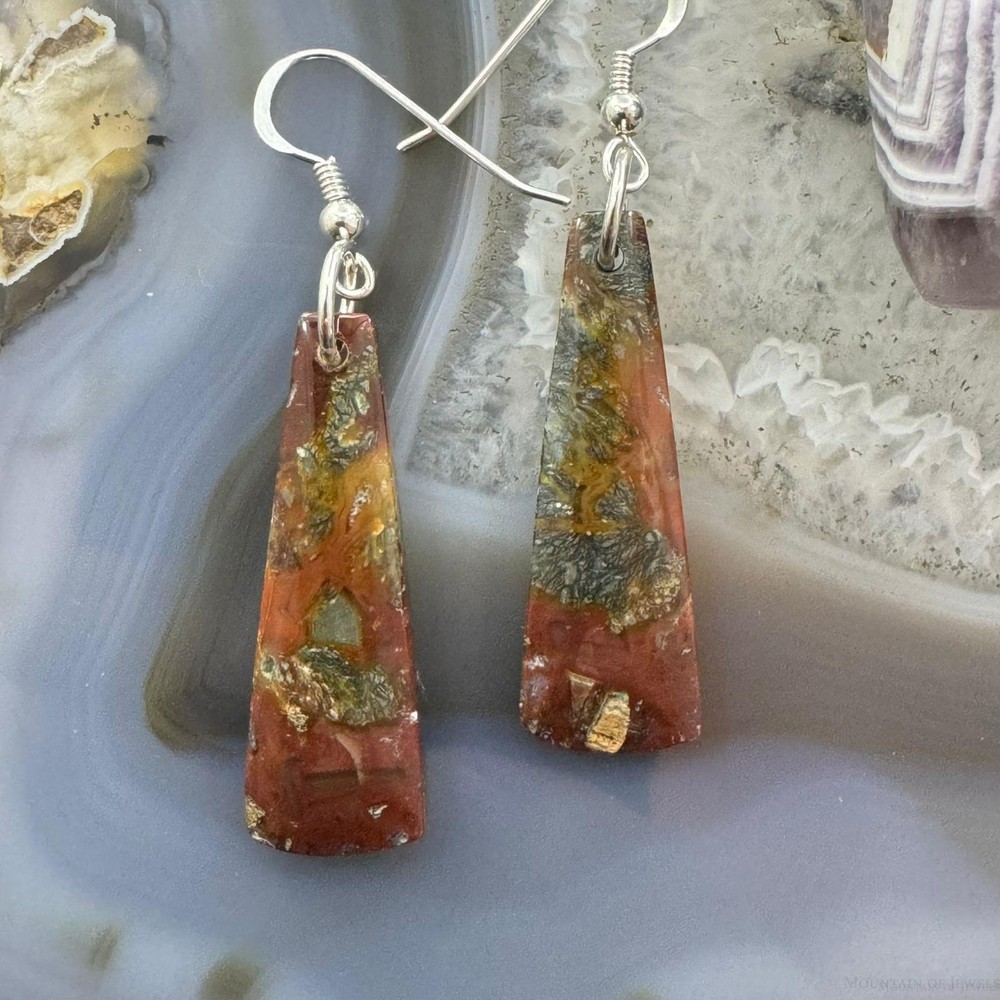 Sterling Silver Elongated Triangle Red Marcasite Slab Dangle Earrings  #208