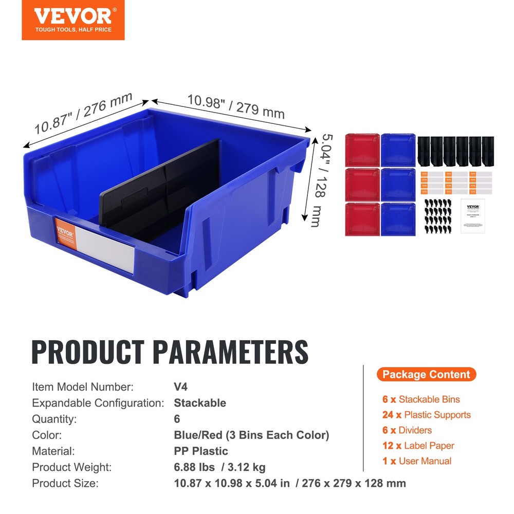 VEVOR Hanging Stackable Storage Bin Plastic Organizer Garage Box 6 PCS Blue/Red