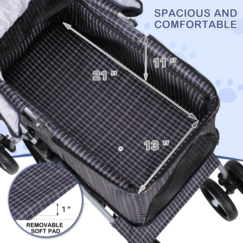 4 Wheels Pet Stroller Foldable Cat Cage Puppy Stroller Storage Basket+Cup Holder