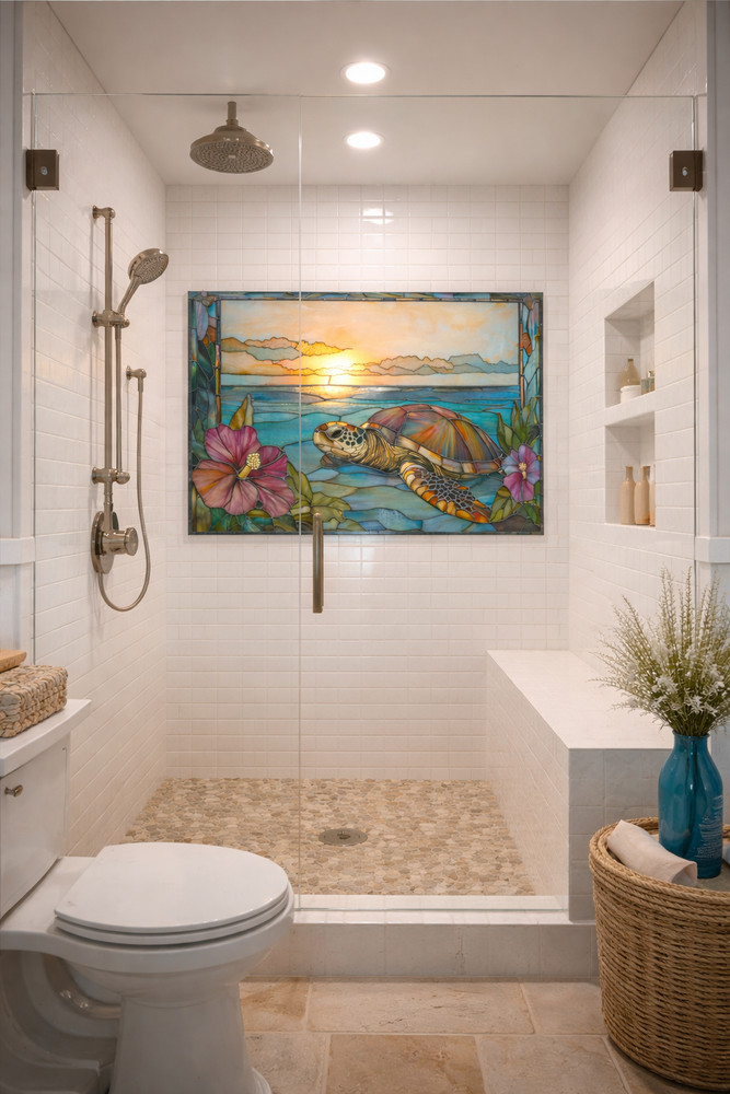 Stained Glass Look Sea Turtle Kitchen Backsplash Panel, Tropical Hibiscus Sunset