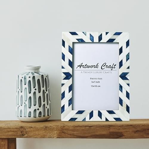 Boho 5x7 Bone Photo Frame – Handcrafted Aztec Chevron Pattern | 5x7 Inches Blue
