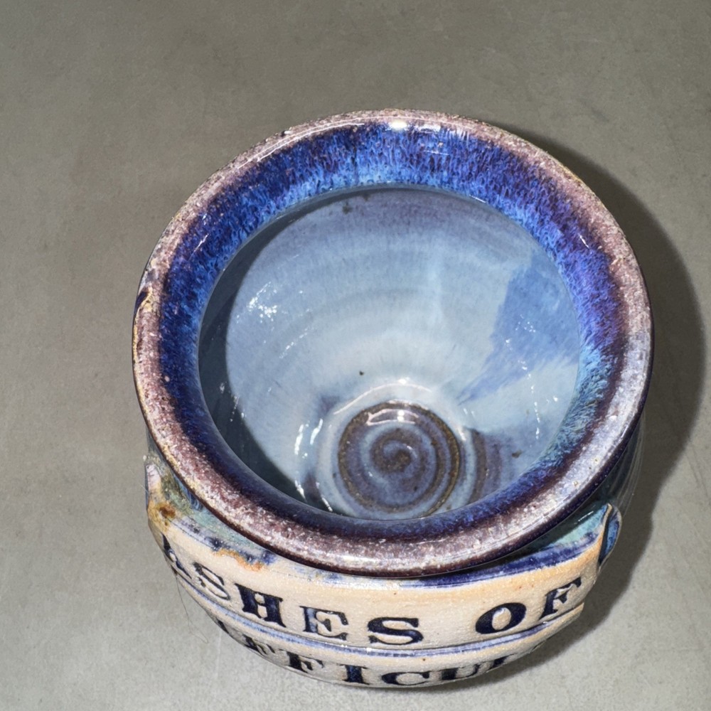 "Ashes of Difficult Bosses" Pottery Jar Stoneware Gift Blue Pot