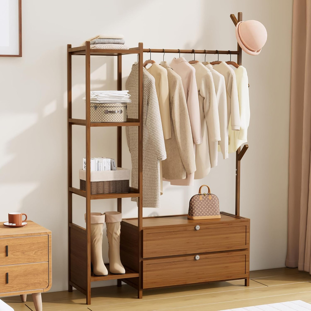 Upgraded Hanging Rack with Drawers, 39.37" Solid Clothes Rack & Shelves