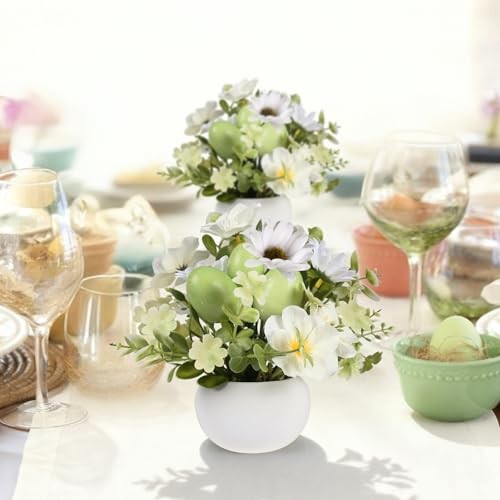 2 PCS Easter Decorations, Easter Artificial Egg Flower Potted Table Green