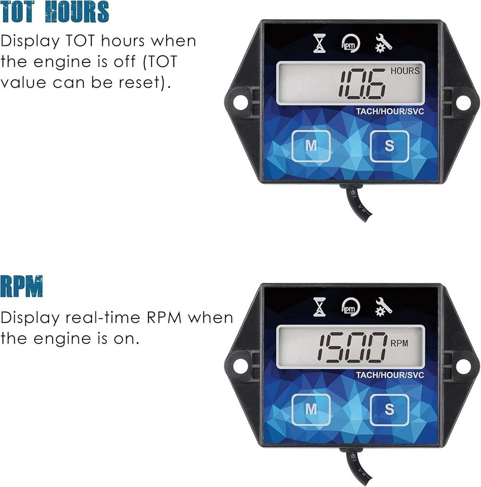 Small Engine Hour Meter, Digital Tachometer, Maintenance Reminder, Battery Re...