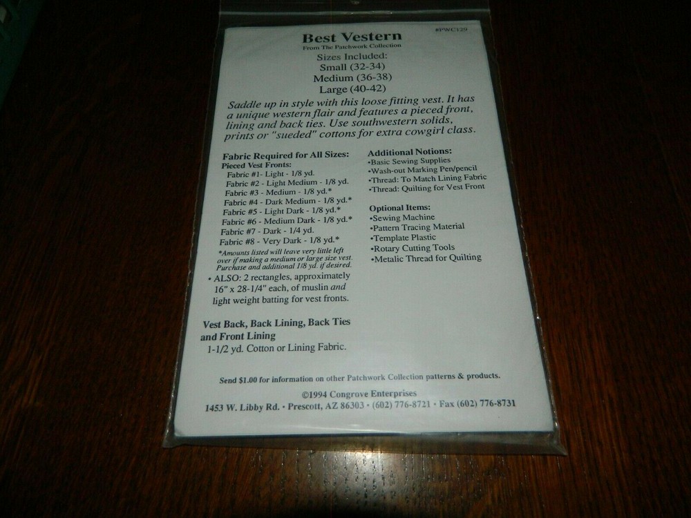 The Patchwork Collection "BEST VESTERN" Sewing Pattern PWC129 S-L UNCUT