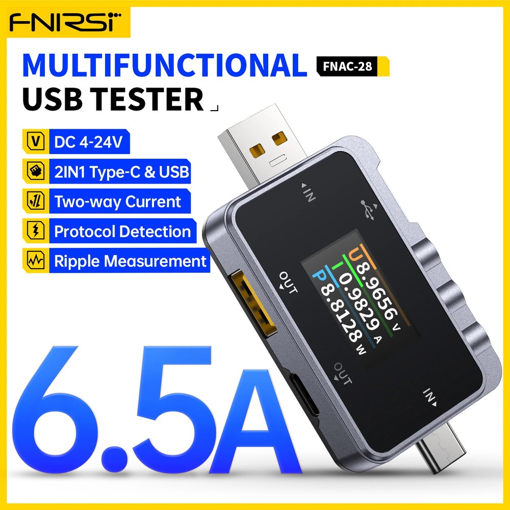 FNIRSI USB Voltage Current Meter DC4V-24V USB-A/ Type-C Port Fast Charge Detect