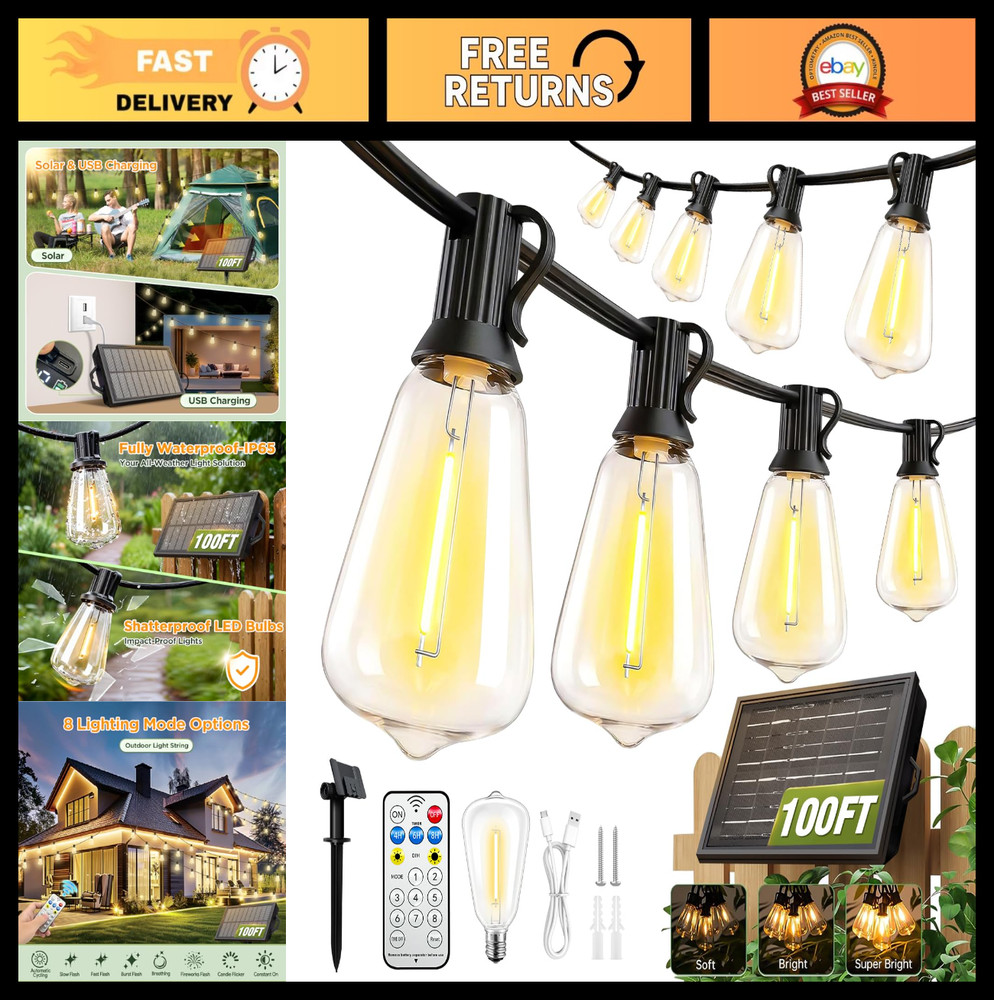 100FT Waterproof Solar String Lights with Remote & Timer, LED Shatterproof Bulbs