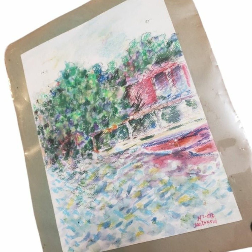 Original Hand Drawing Mixed Techniques Colorful " Red Kayak"Signed