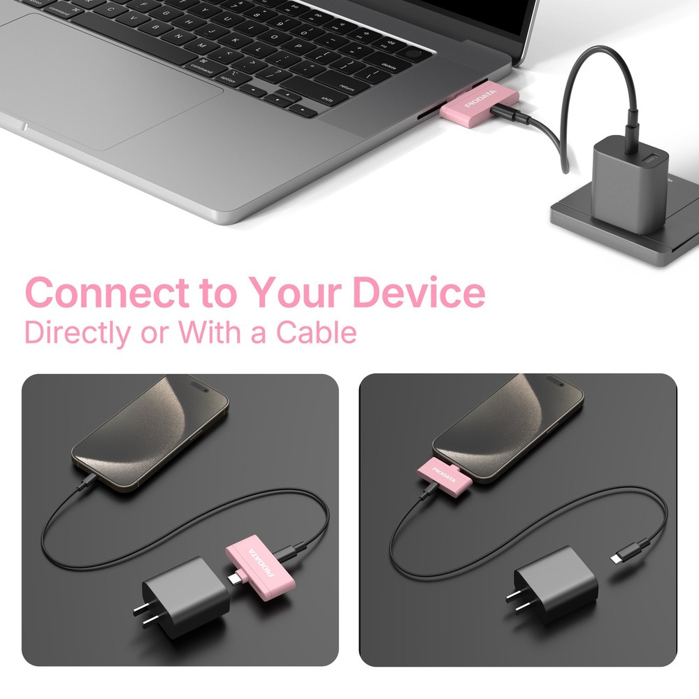 PioData Micro SD Card Reader for USB C iPhone Android, Passthrough Charging Pink