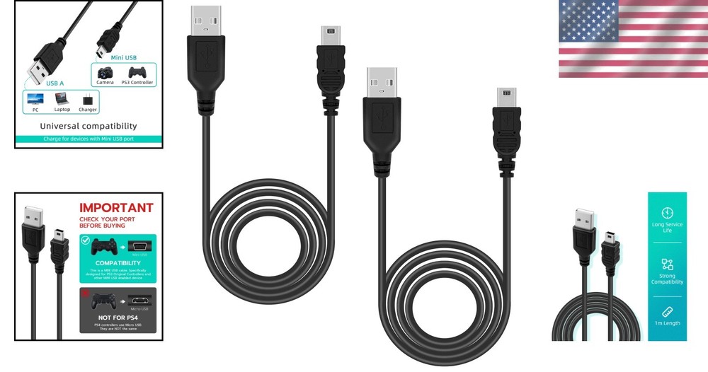 Reliable Mini USB Charger for PS3 Controllers - 2 Pack, High-Speed Data Sync