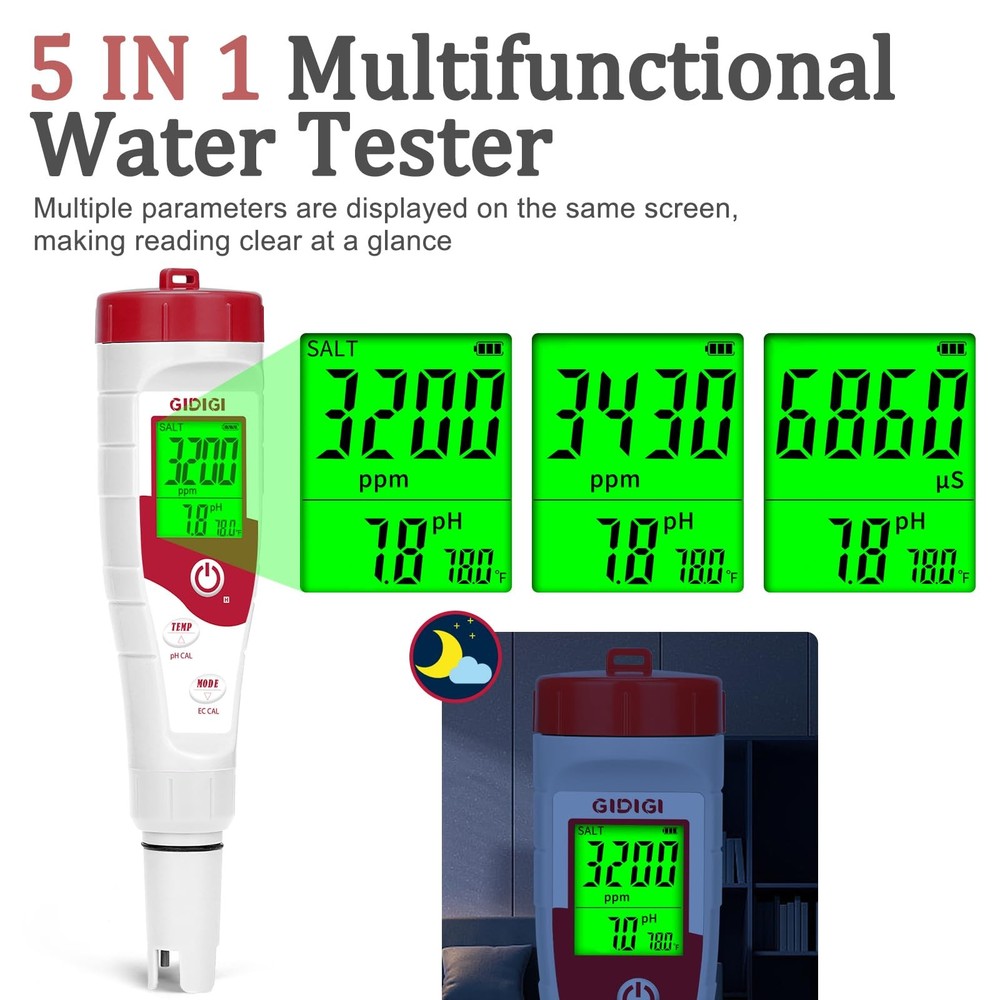 Pool Salt Tester pH Meter New Update Digital pH Tester Salinity Meter with Mu...