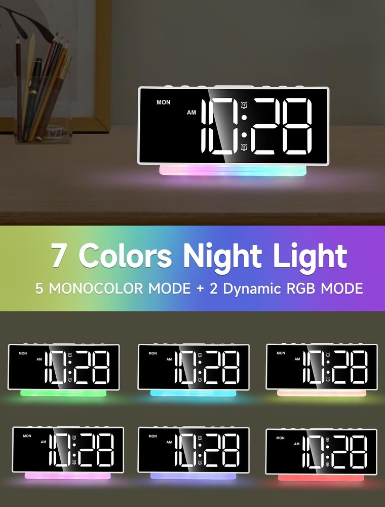 Heavy Sleeper Alarm Clock Large Display 7-Color Light Adjustable White+Dyn