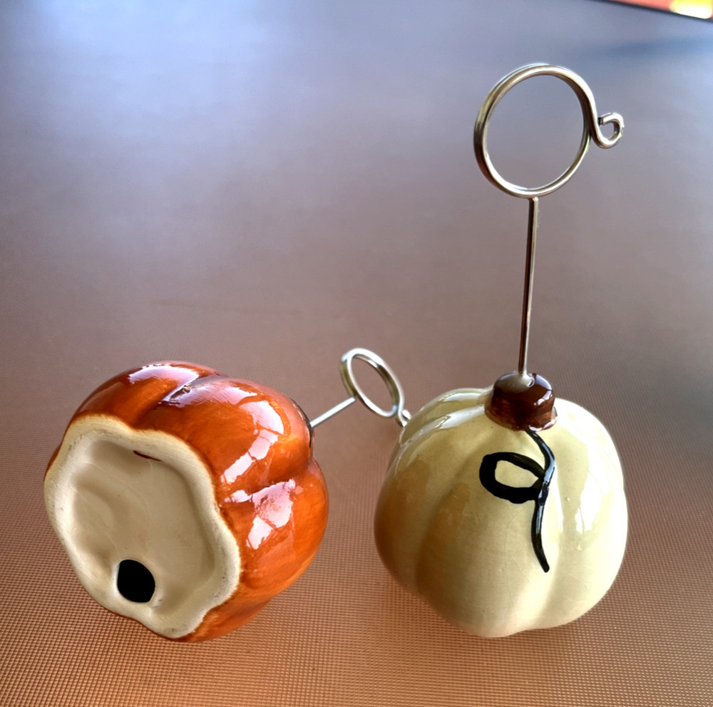Ceramic Glazed Pumpkin Picture Recipe Note Holder Display Fall Thanksgiving 2-pc