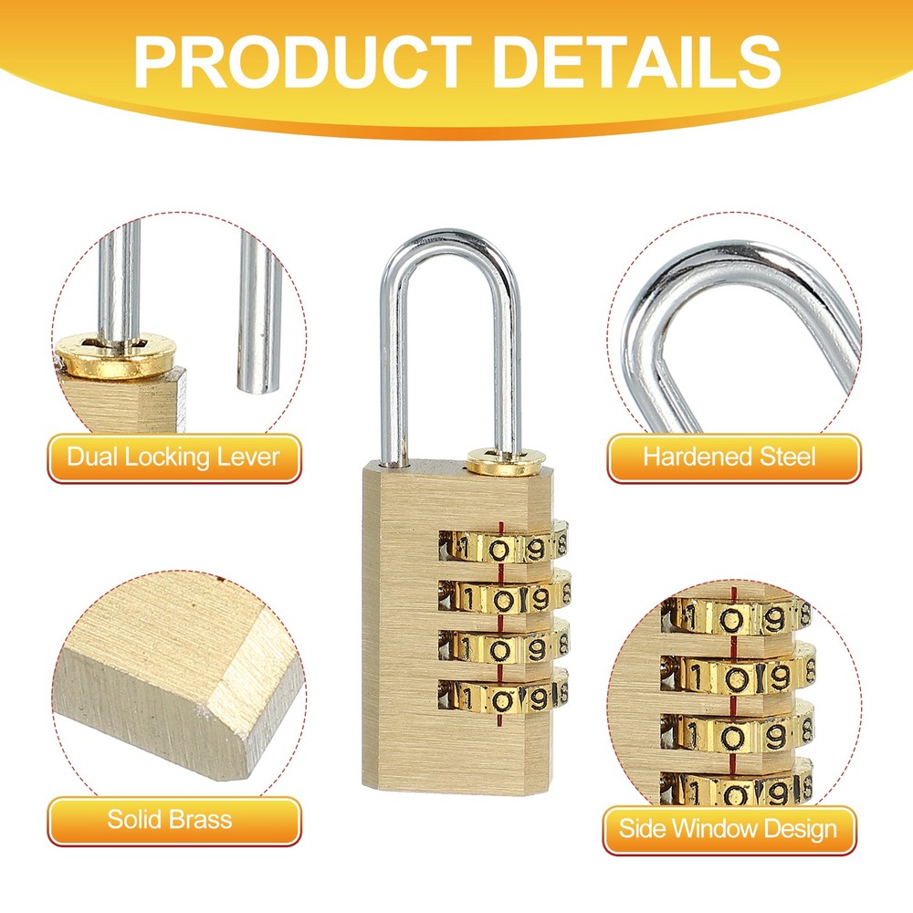 Brass Combination Lock 2.3", 4 Digit Resettable Combination Padlock Gold