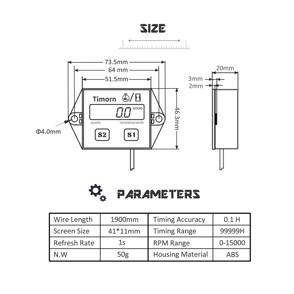 Tachometer for Small Engine,Inductive Hour Meter for 2 Stroke & 4 Stroke Smal...