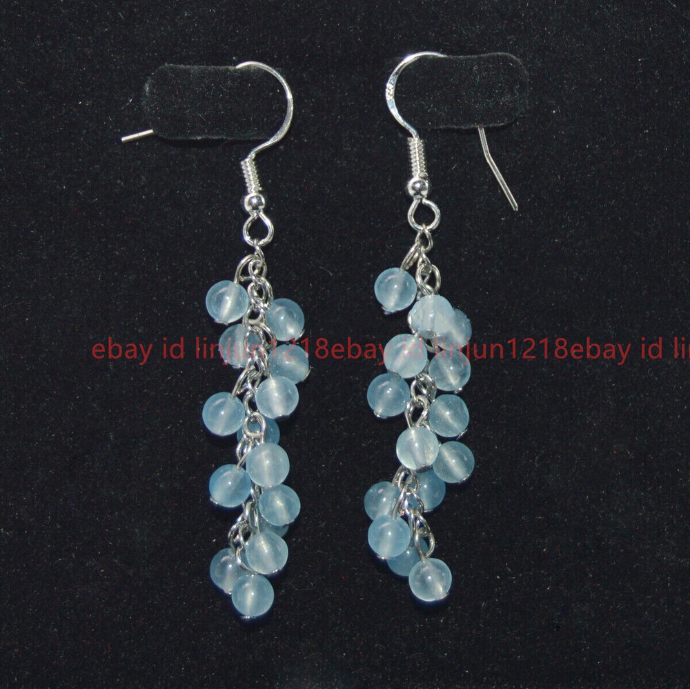 4mm Natural Blue Jade Gemstone Round Beads Grape Silver Hook Dangle Earrings
