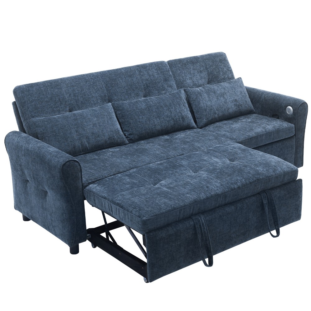 82" Blue Chenille Sofa Bed w/ Reversible Recliner, Adjustable Backrest, USB