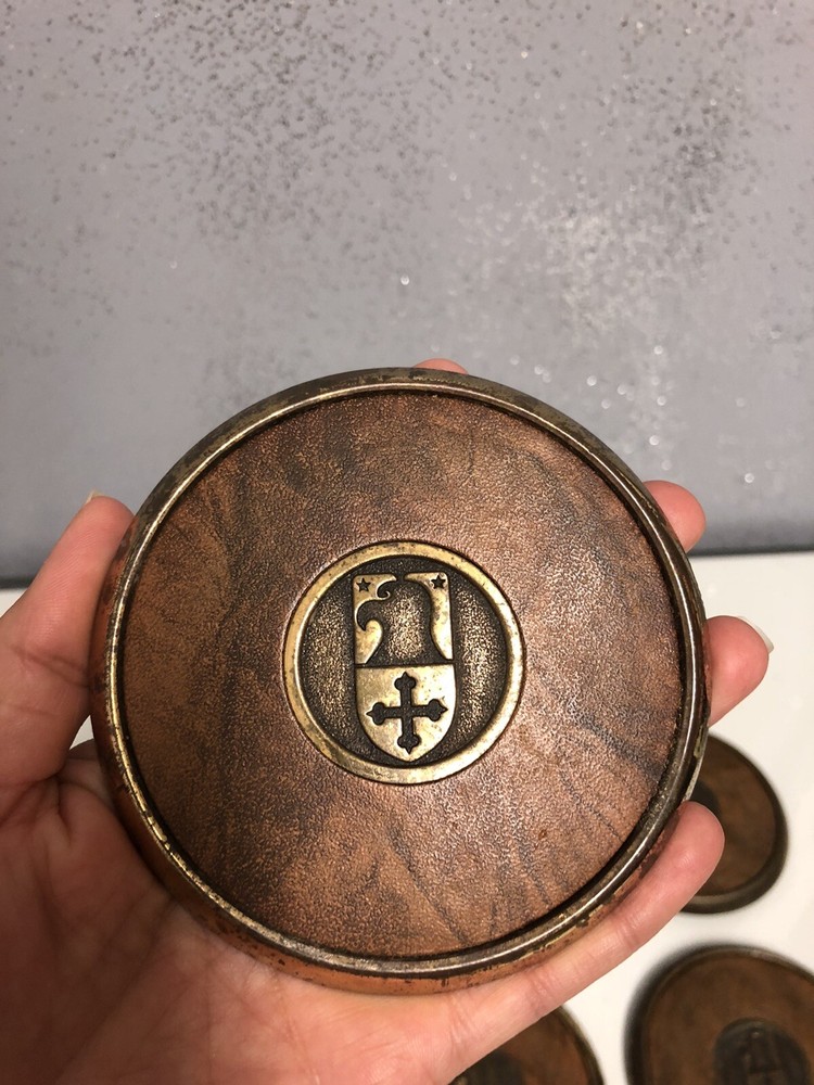 Vintage BTS Solid Brass and Leather 7 pc Coaster Set Eagle Knights logo Mancave