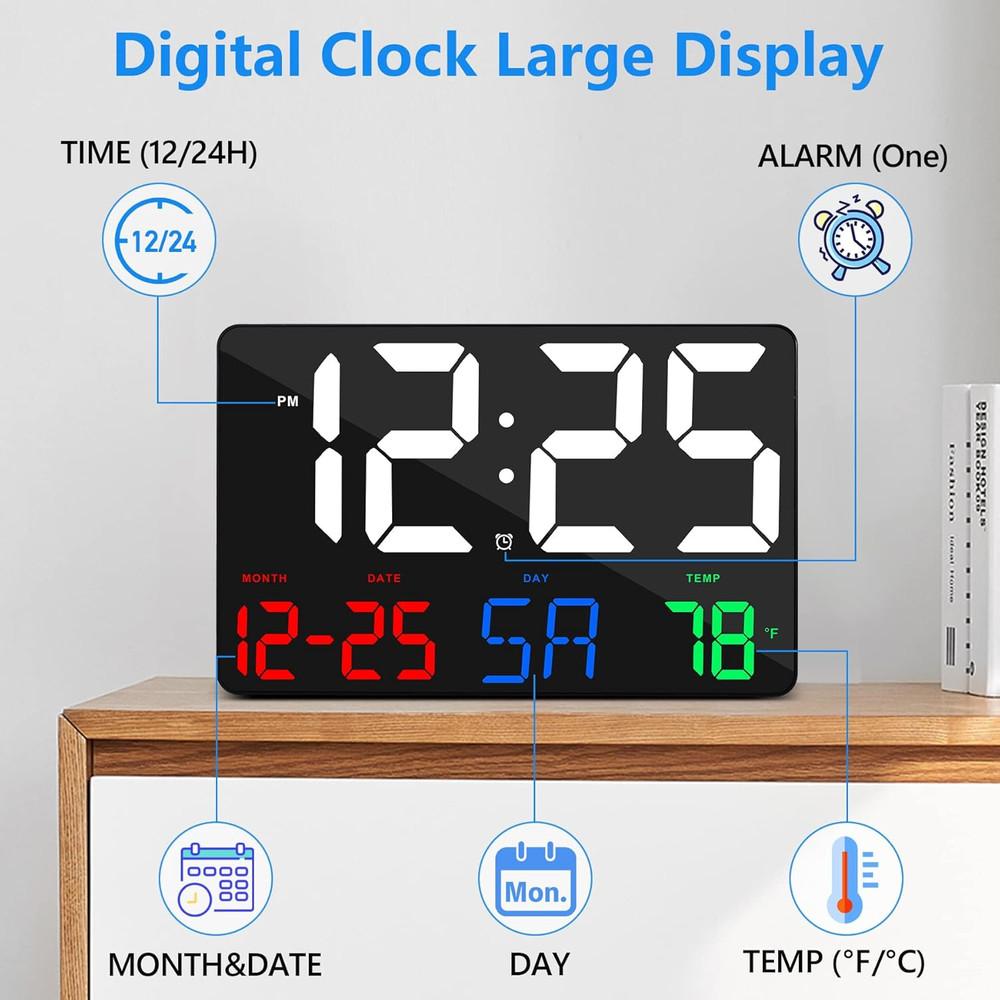 Digital Wall Clock,11.5" LED Digital Alarm Clock Large Display,With Remote Contr
