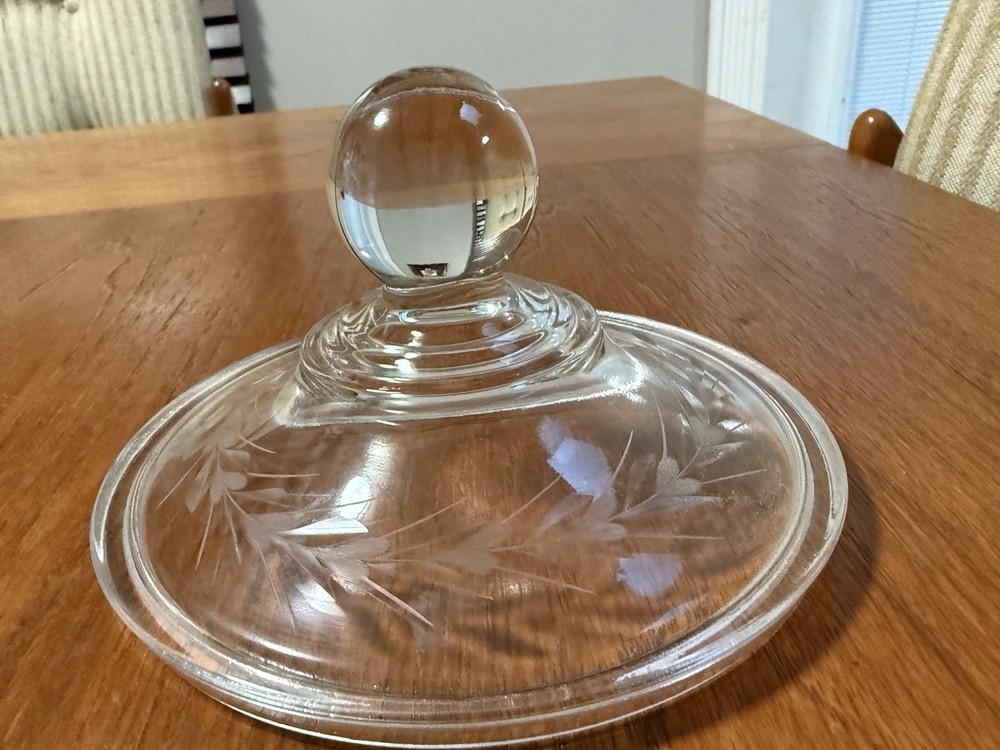 Vintage Clear Engraved/Etched Glass Replacement Lid w Dome Handle 5.75" Diameter