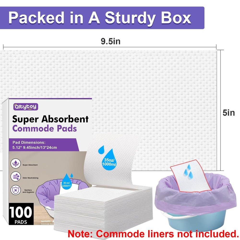 100 Commode Absorbent Pads for Bedside Liners, 100 Count (Pack of 1)
