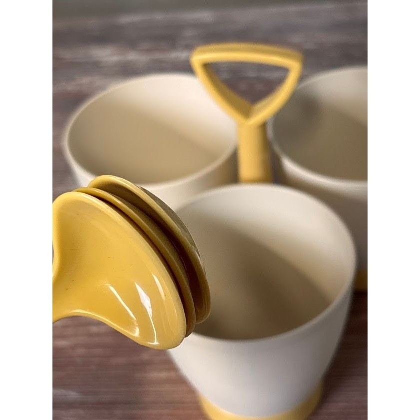 Vintage Tupperware Condiment Caddy Server Tray Triple Compartment Yellow Handle