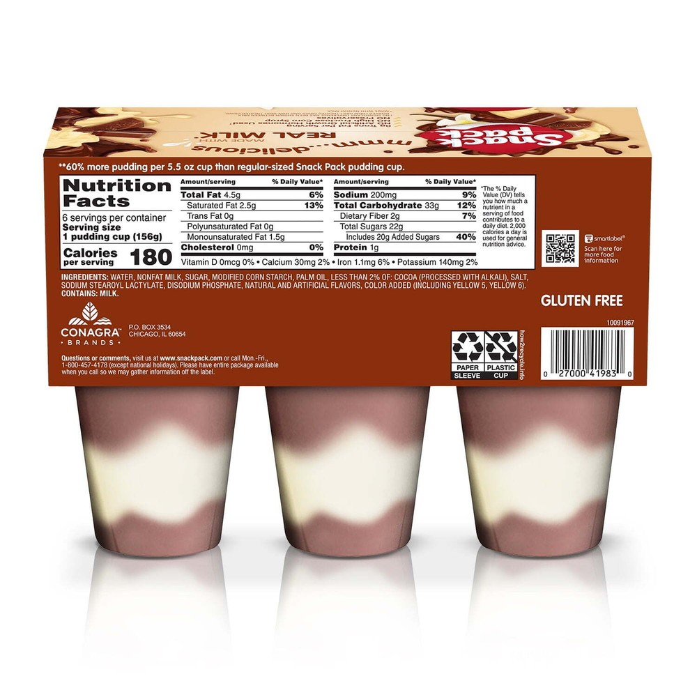 (4 pack) Snack Pack Chocolate Vanilla Flavored Pudding, Super Size, 6 Count
