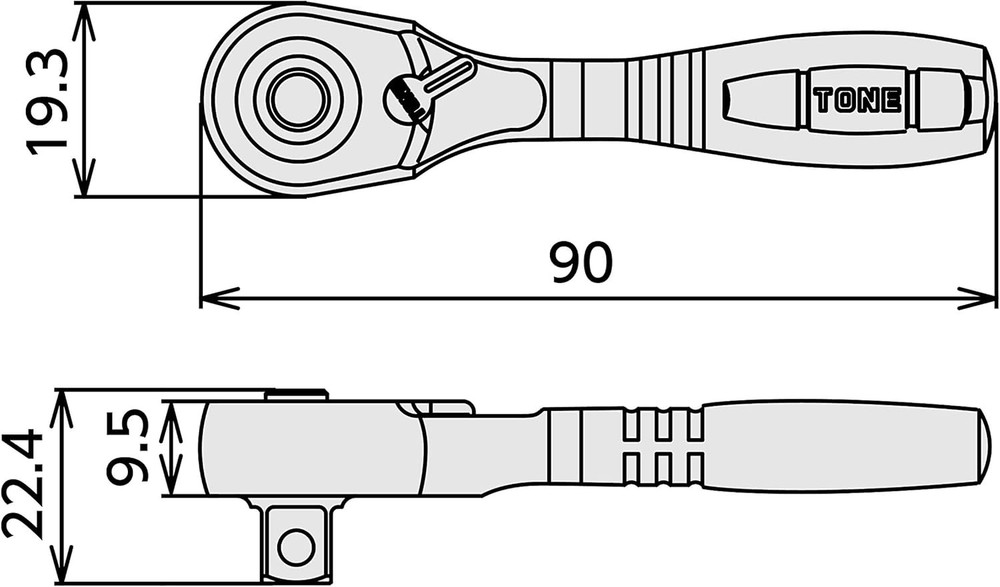 Tone Compact Short Ratchet Handle (Hold Type) RH3CHS 9.5mm (3/8') Socket