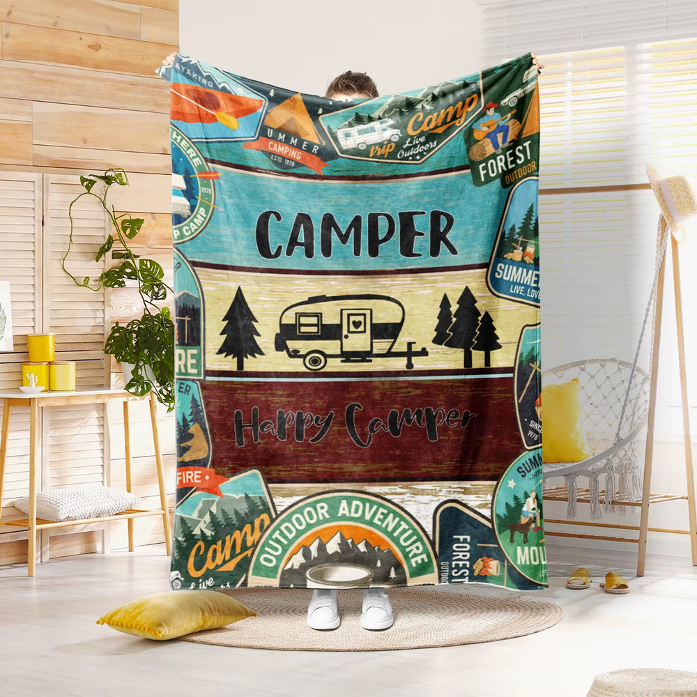 1PC Camper and Forest Pattern Printed Blanket, Suitable for Sofas, Beds, Offices