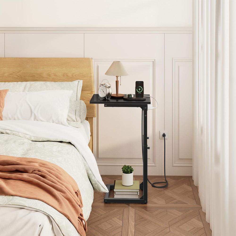 C Shaped End Table with Charging Station, 33"Tall C-Table End Table Adjustabl...