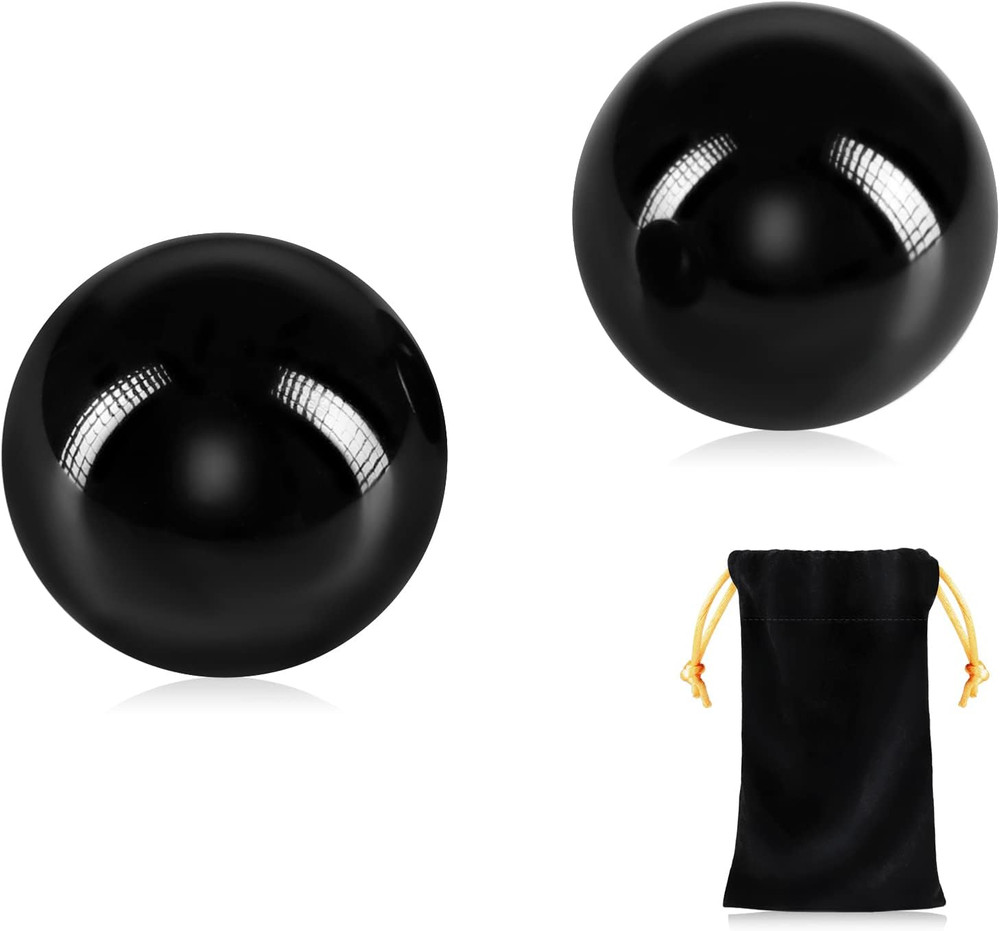 Black Obsidian Baoding Balls, Chinese Health Exercise Massage Balls  Pouch 2PCS