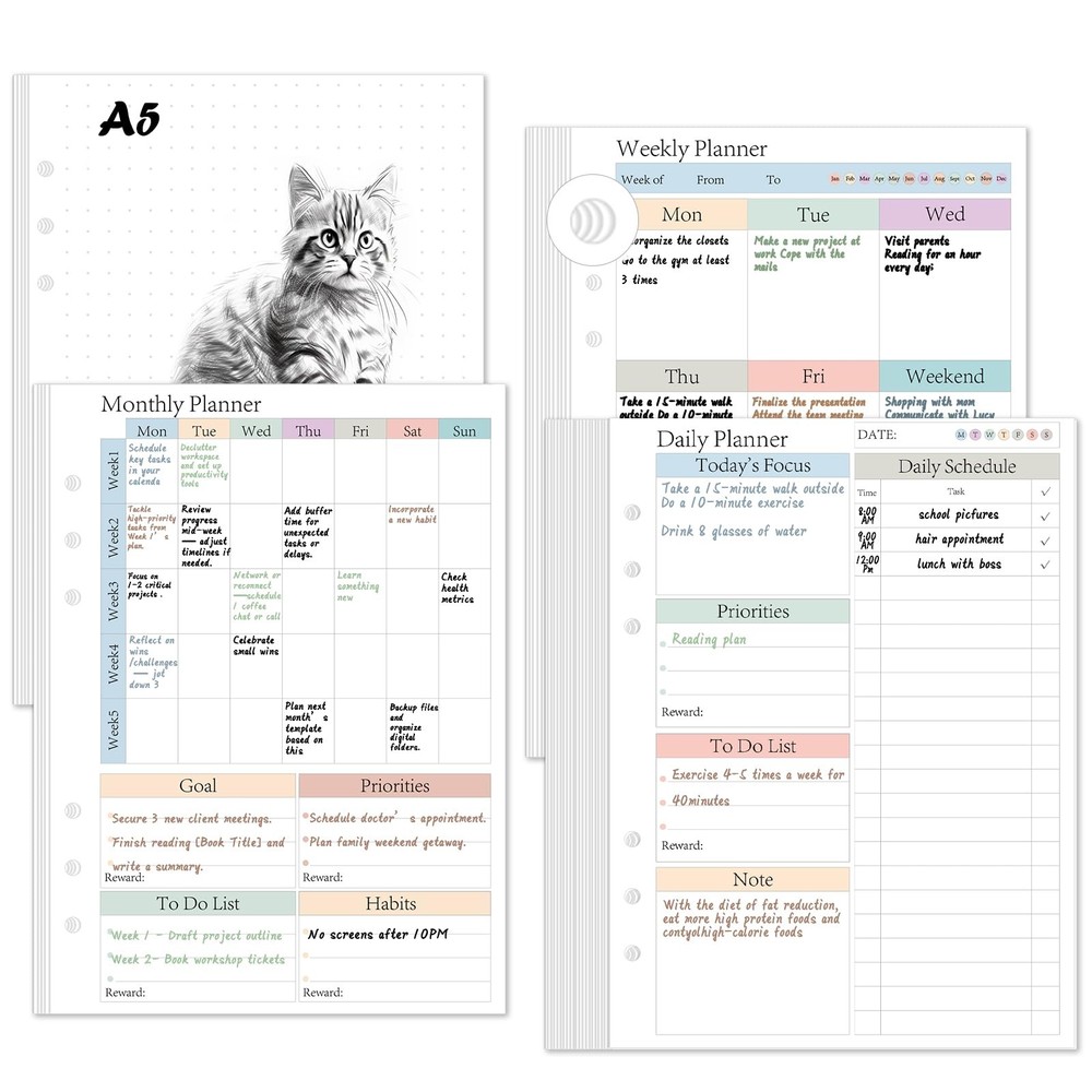 ADHD A5 Planner Refill Pages Inserts Daily Weekly A5-6 Hole, white